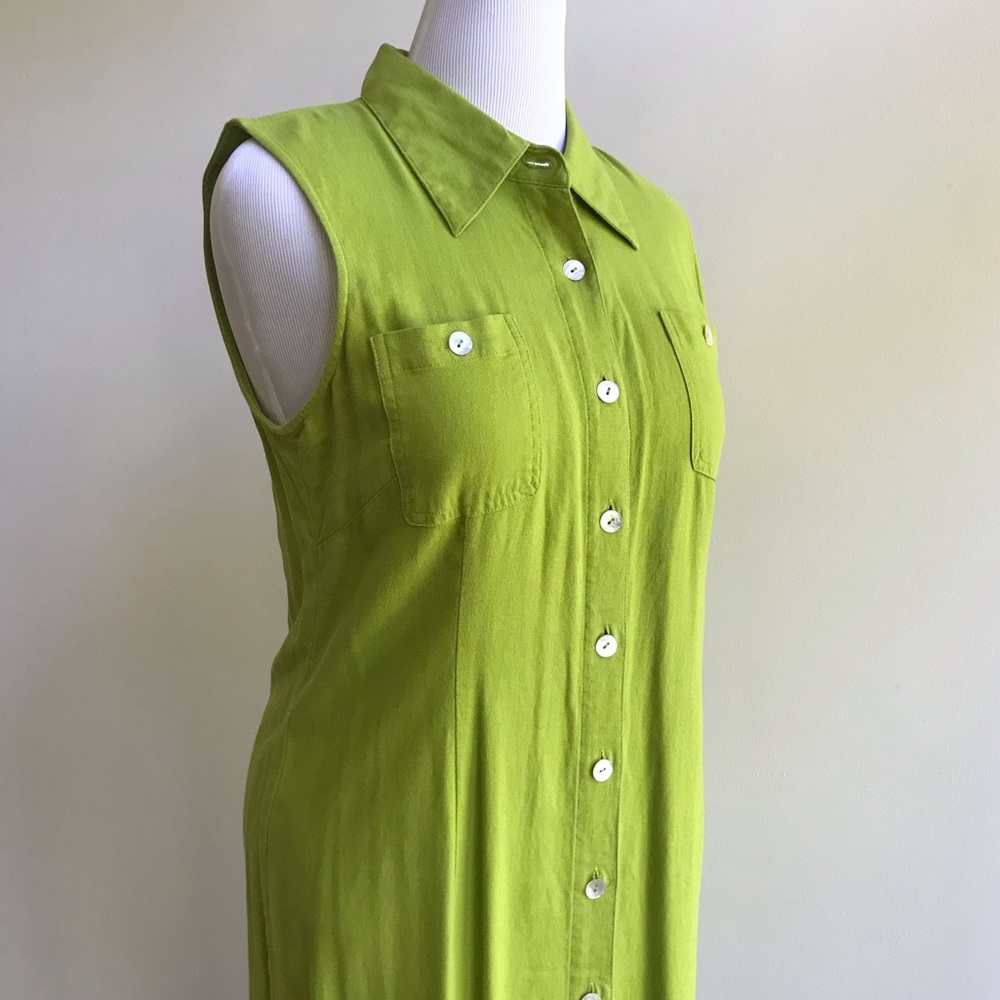 Vintage 90s Vibrant Green Long Sleeveless Vest Button Front Dress Size 14